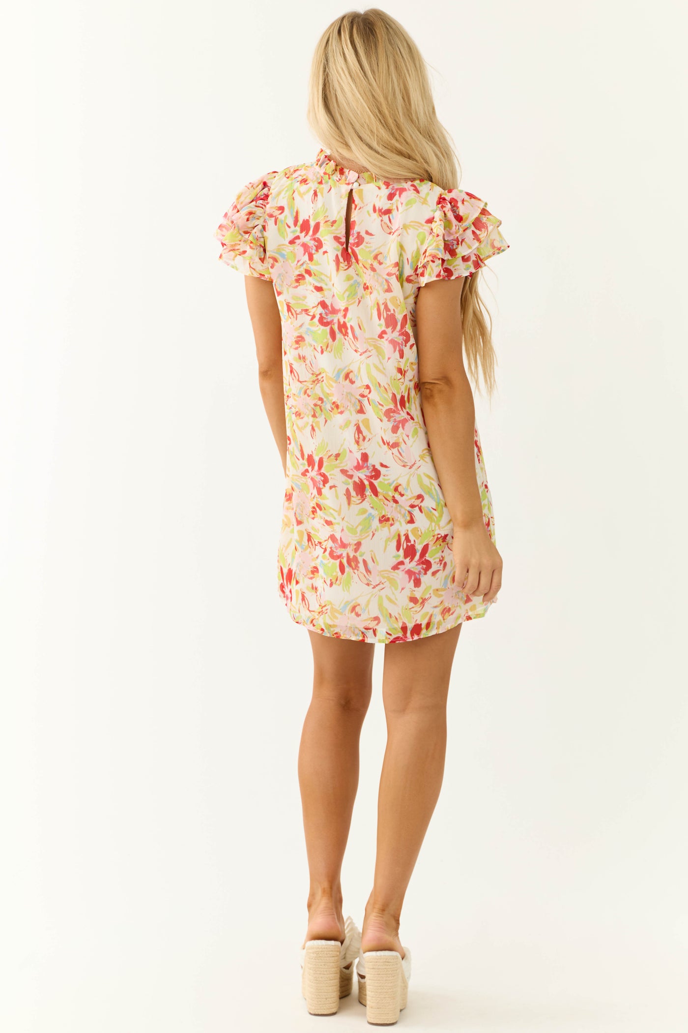 Cream Floral Print Ruffle Sleeve Short Dress