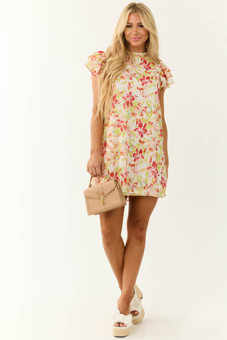 Cream Floral Print Ruffle Sleeve Short Dress