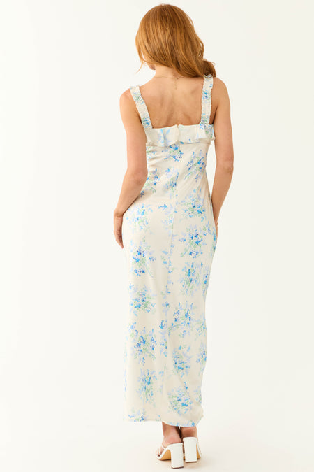 Cream Floral Print Silk Maxi Dress