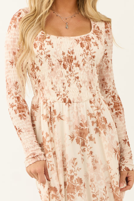 Cream Floral Print Smocked Scoop Mini Dress