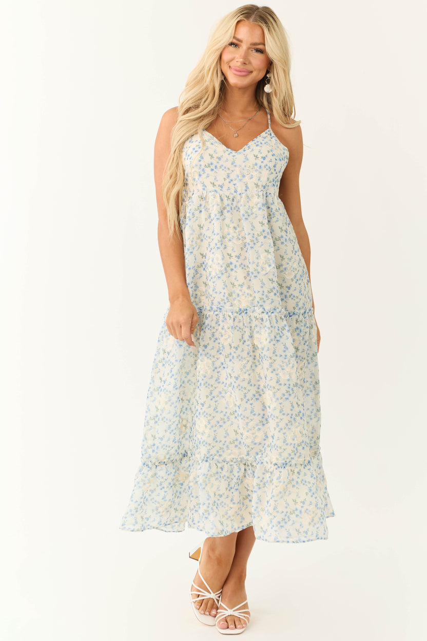 Cream Floral Print V Neck Sleeveless Maxi Dress