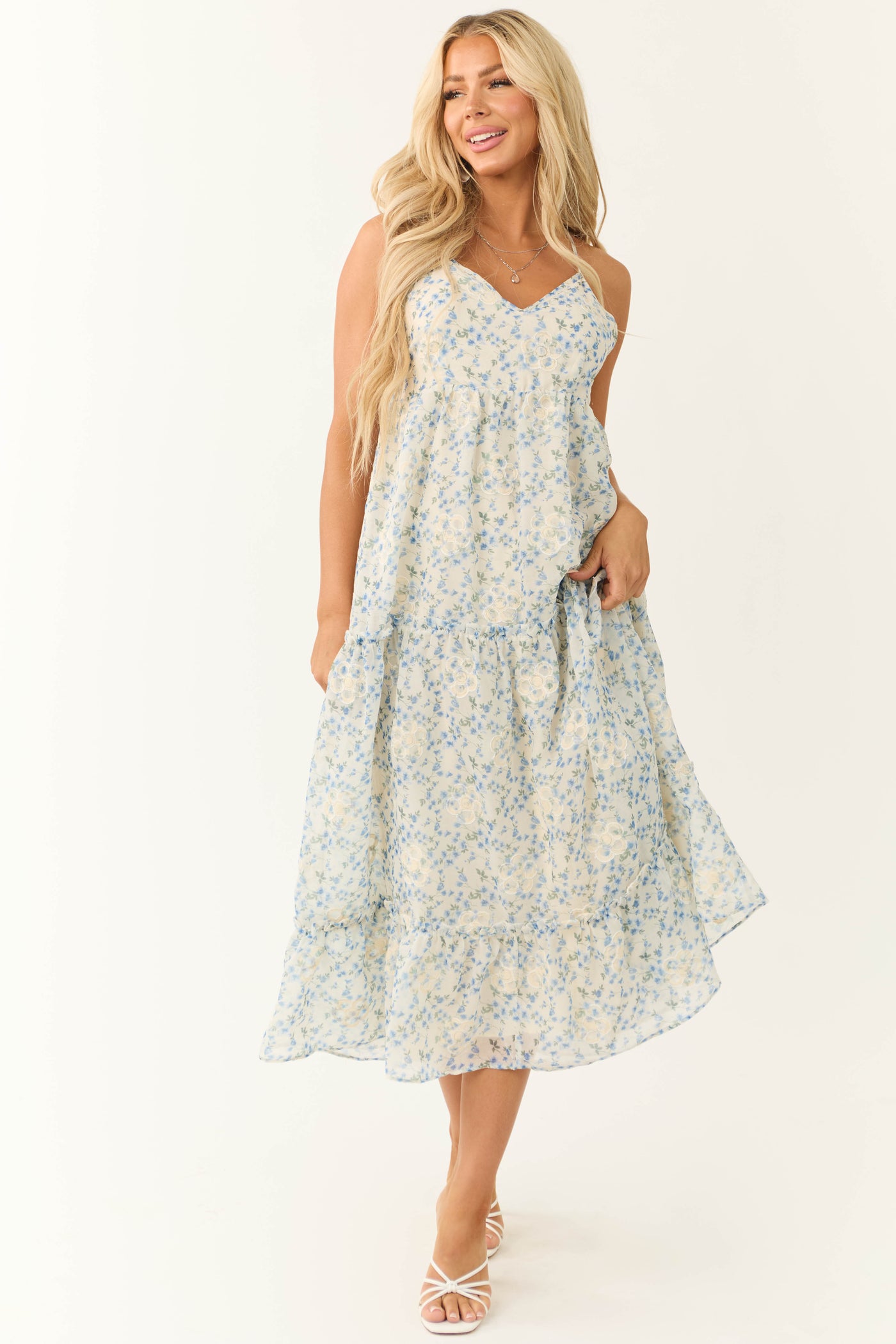 Cream Floral Print V Neck Sleeveless Maxi Dress