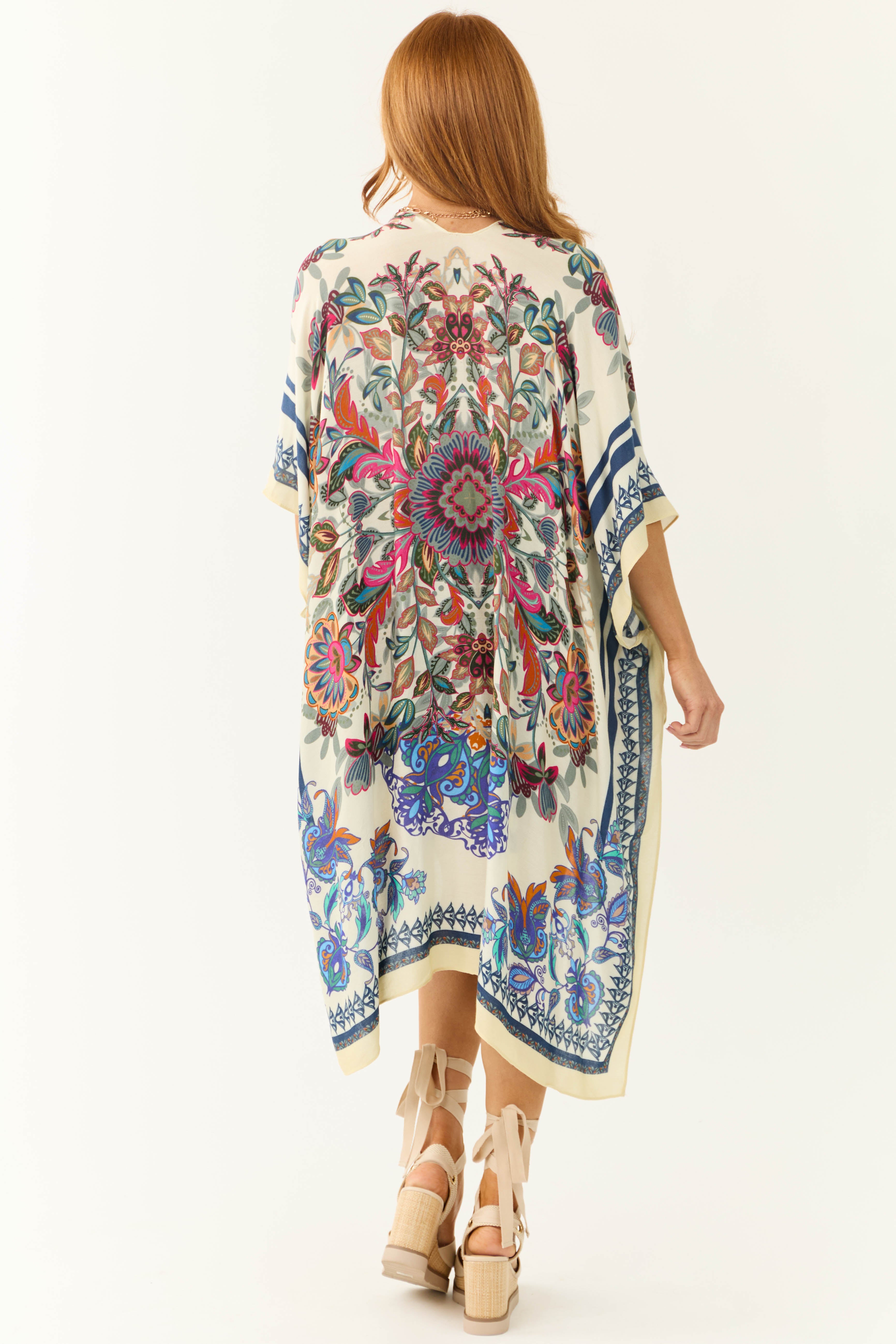 Cream Floral Printed Oversized Kimono