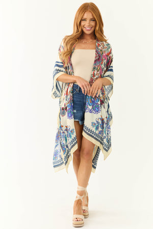 Cream Floral Printed Oversized Kimono