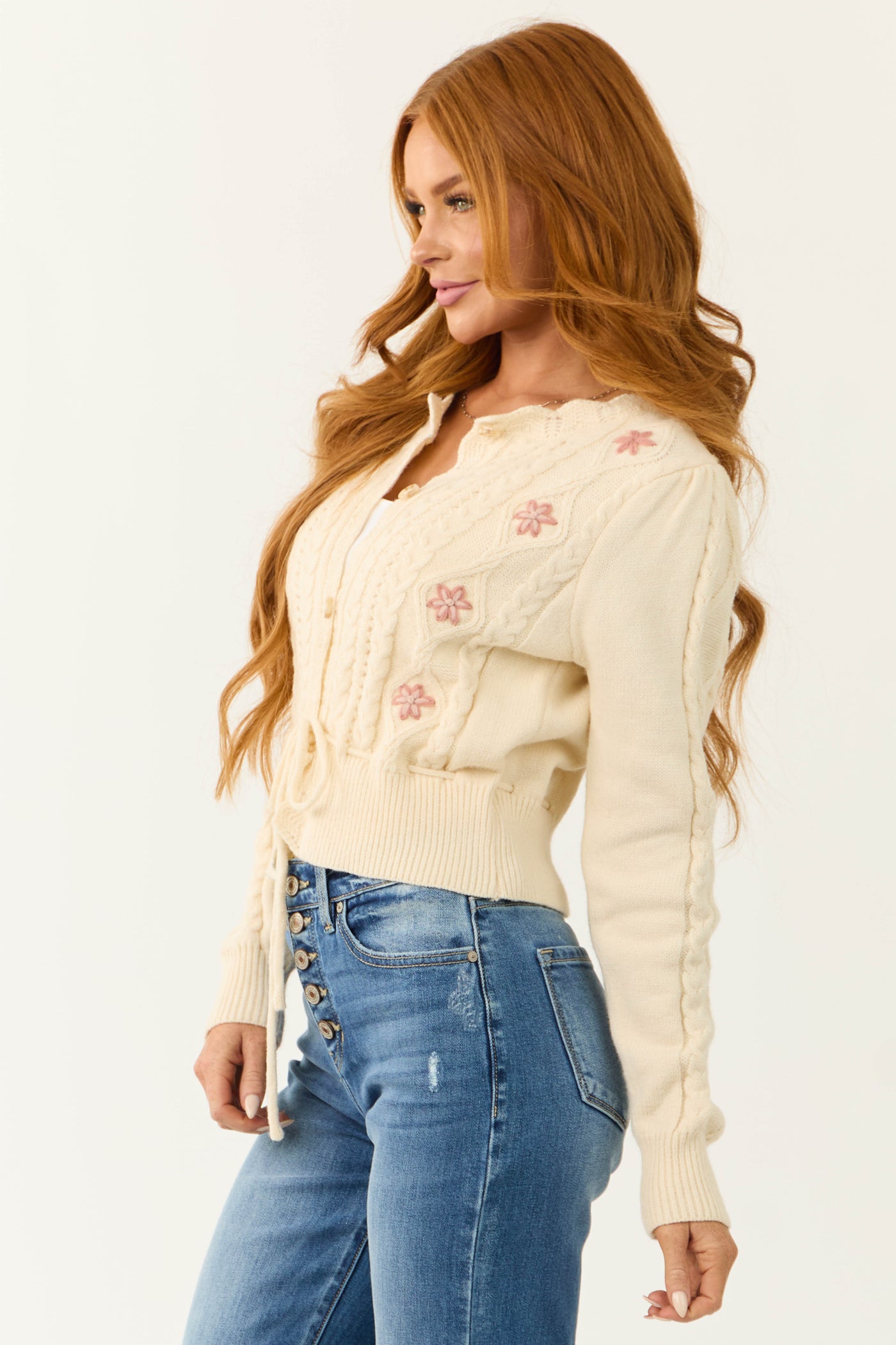 Cream Floral Textured Knit Button Down Cardigan