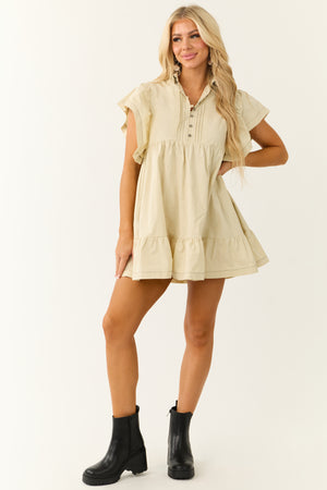 Cream Flutter Sleeve Button Up Short Dress