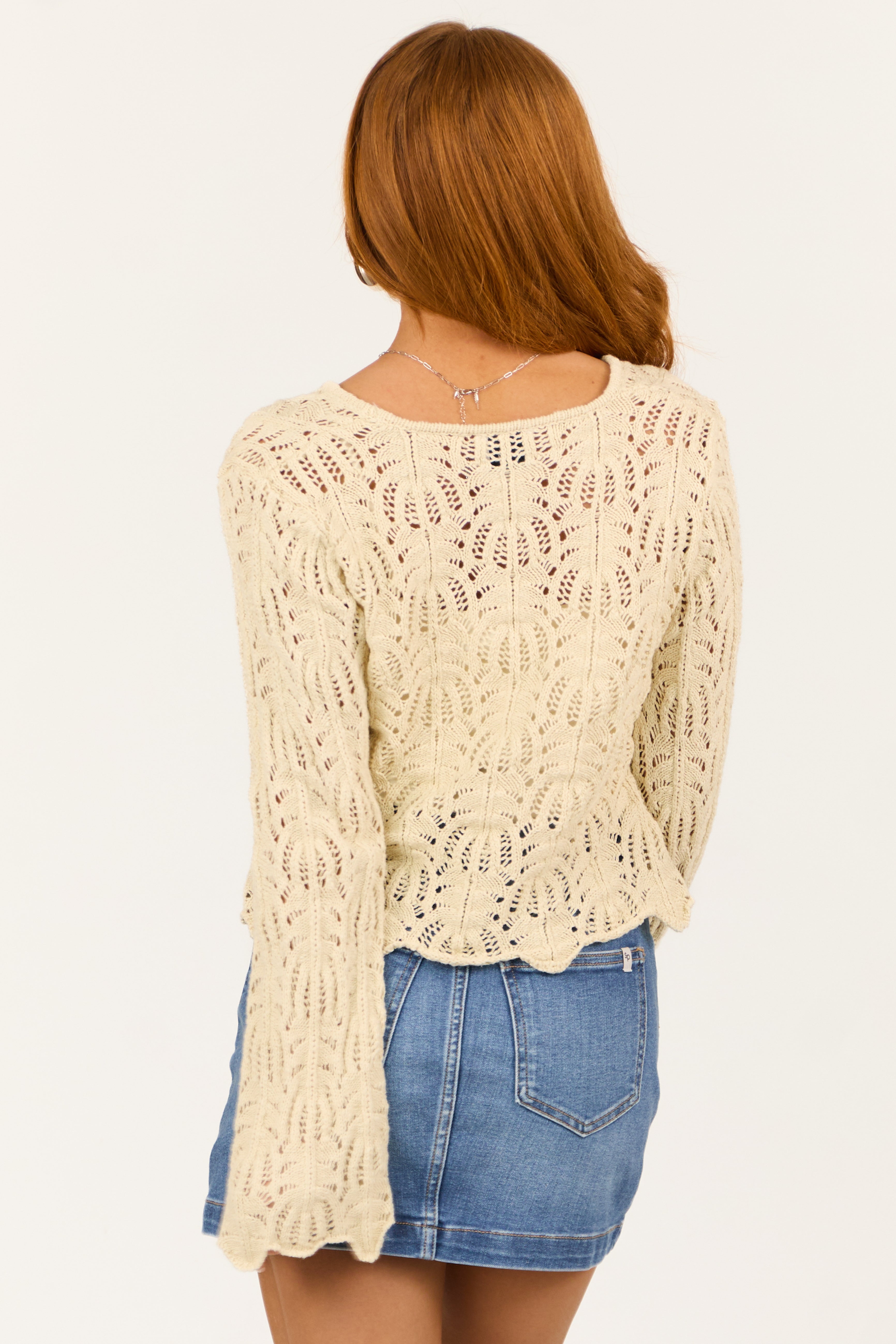 Cream Front Tie Flare Long Sleeve Cardigan