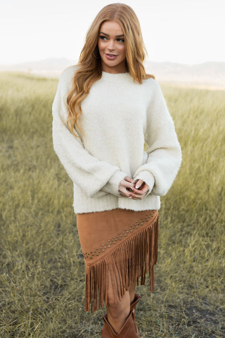 Cream Fuzzy Knit Cozy Bubble Sleeve Sweater