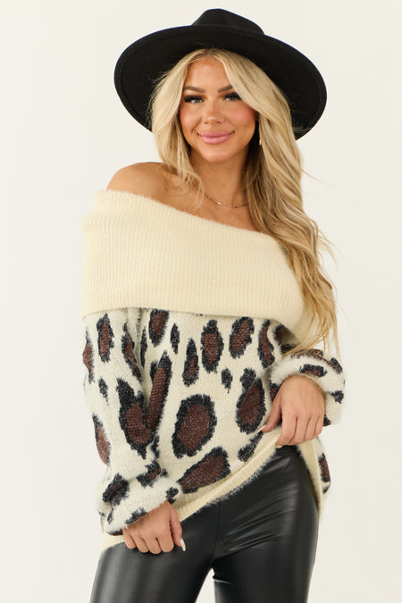 Cream Fuzzy Leopard Off the Shoulder Sweater