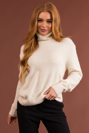 Cream Fuzzy Long Sleeve Turtleneck Sweater