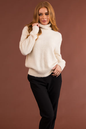 Cream Fuzzy Long Sleeve Turtleneck Sweater