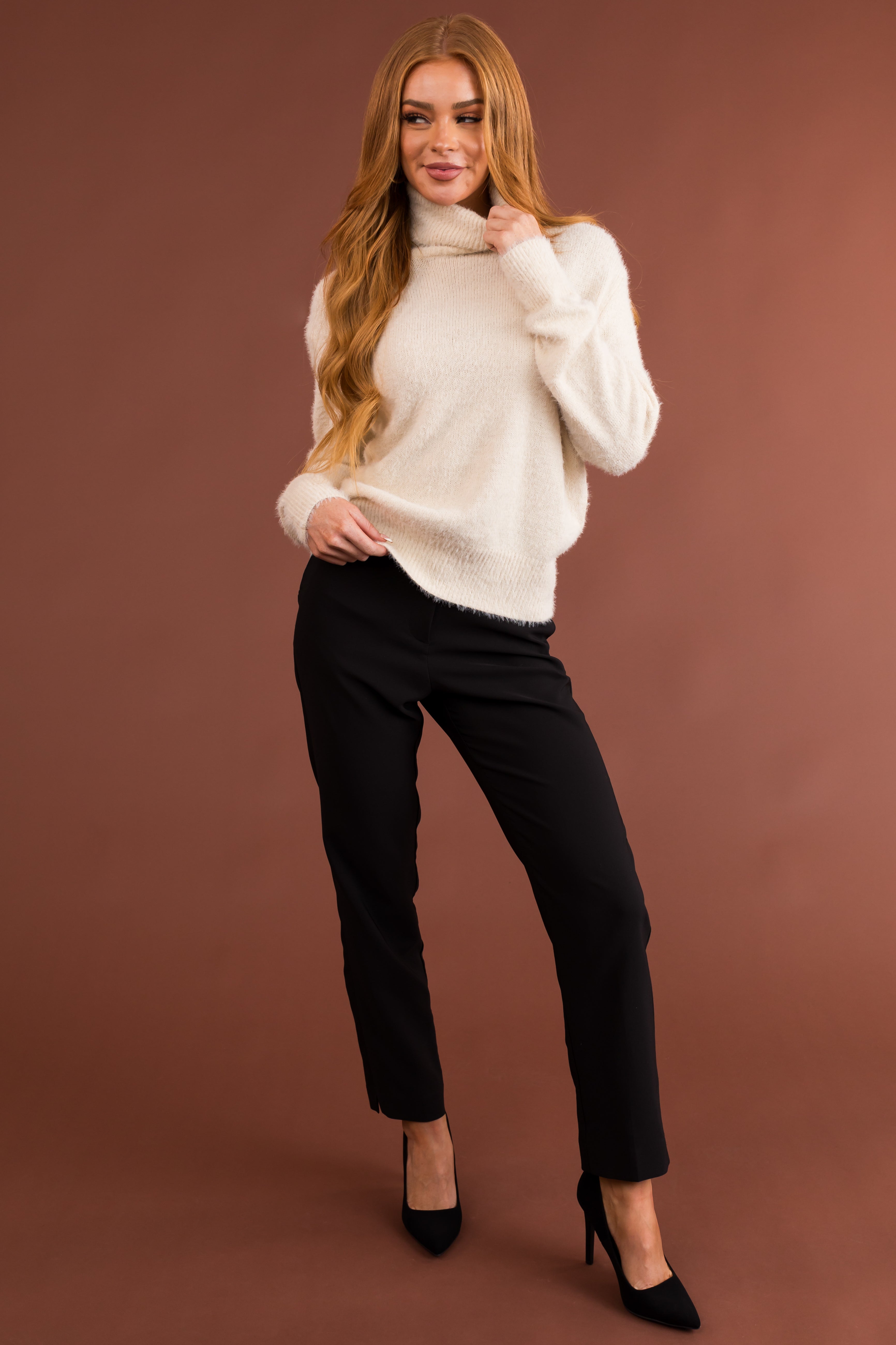 Cream Fuzzy Long Sleeve Turtleneck Sweater | Lime Lush