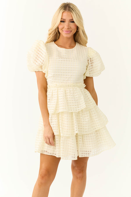 Cream Gingham Tiered Ruffle Mini Dress