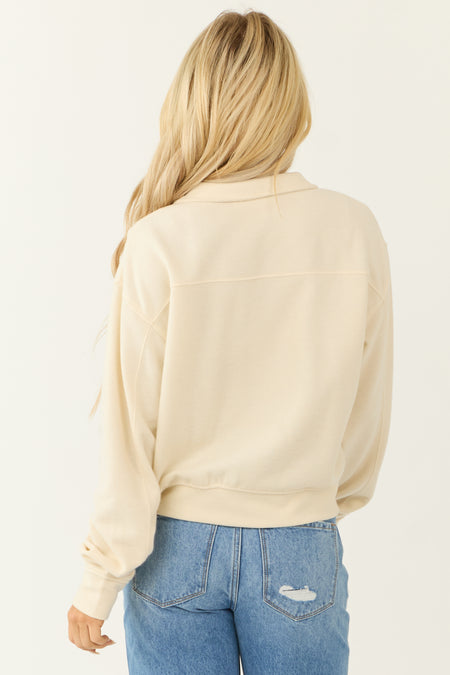 Cream Half Zip Up Knit Long Sleeve Sweatshirt