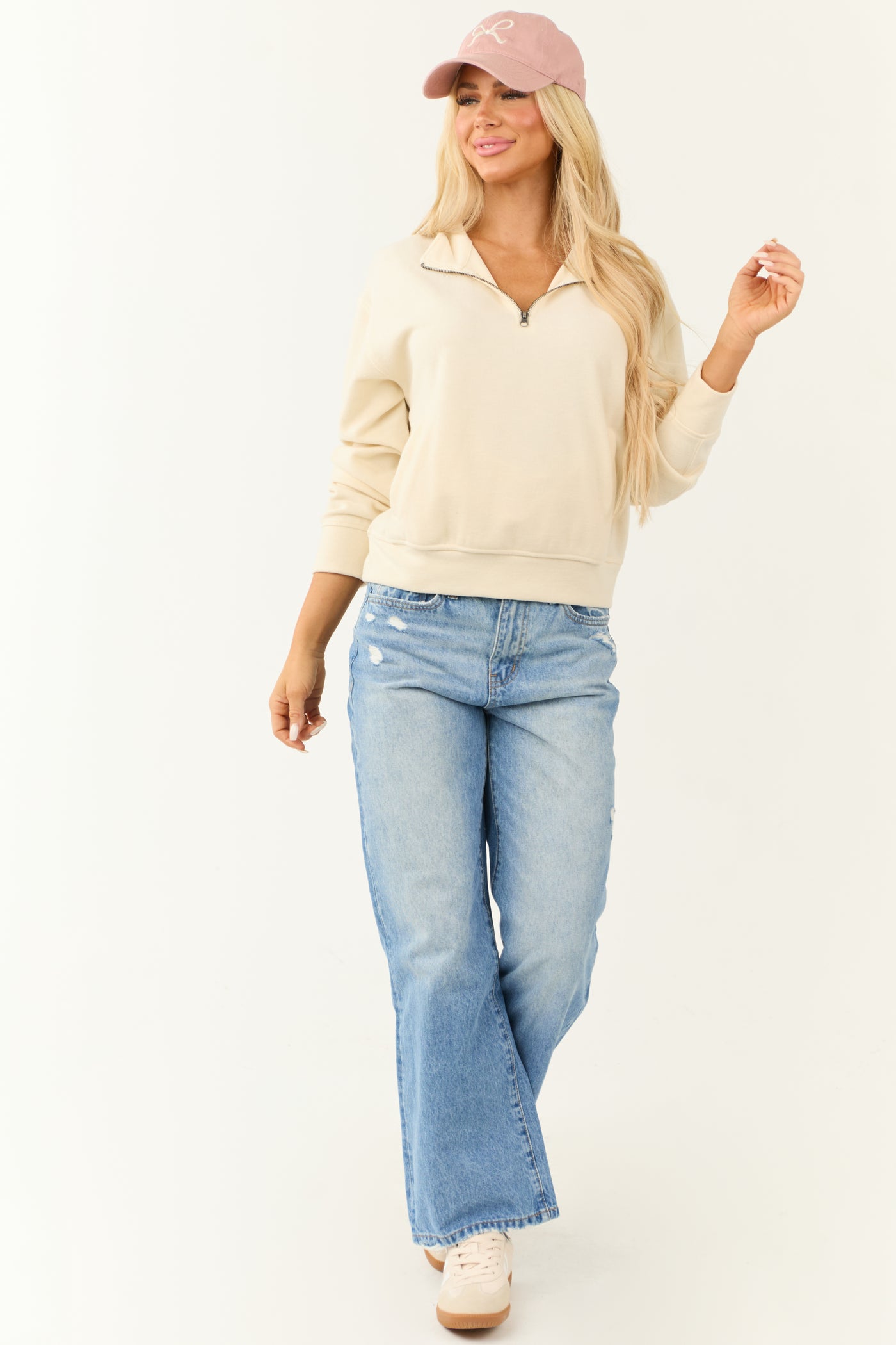 Cream Half Zip Up Knit Long Sleeve Sweatshirt