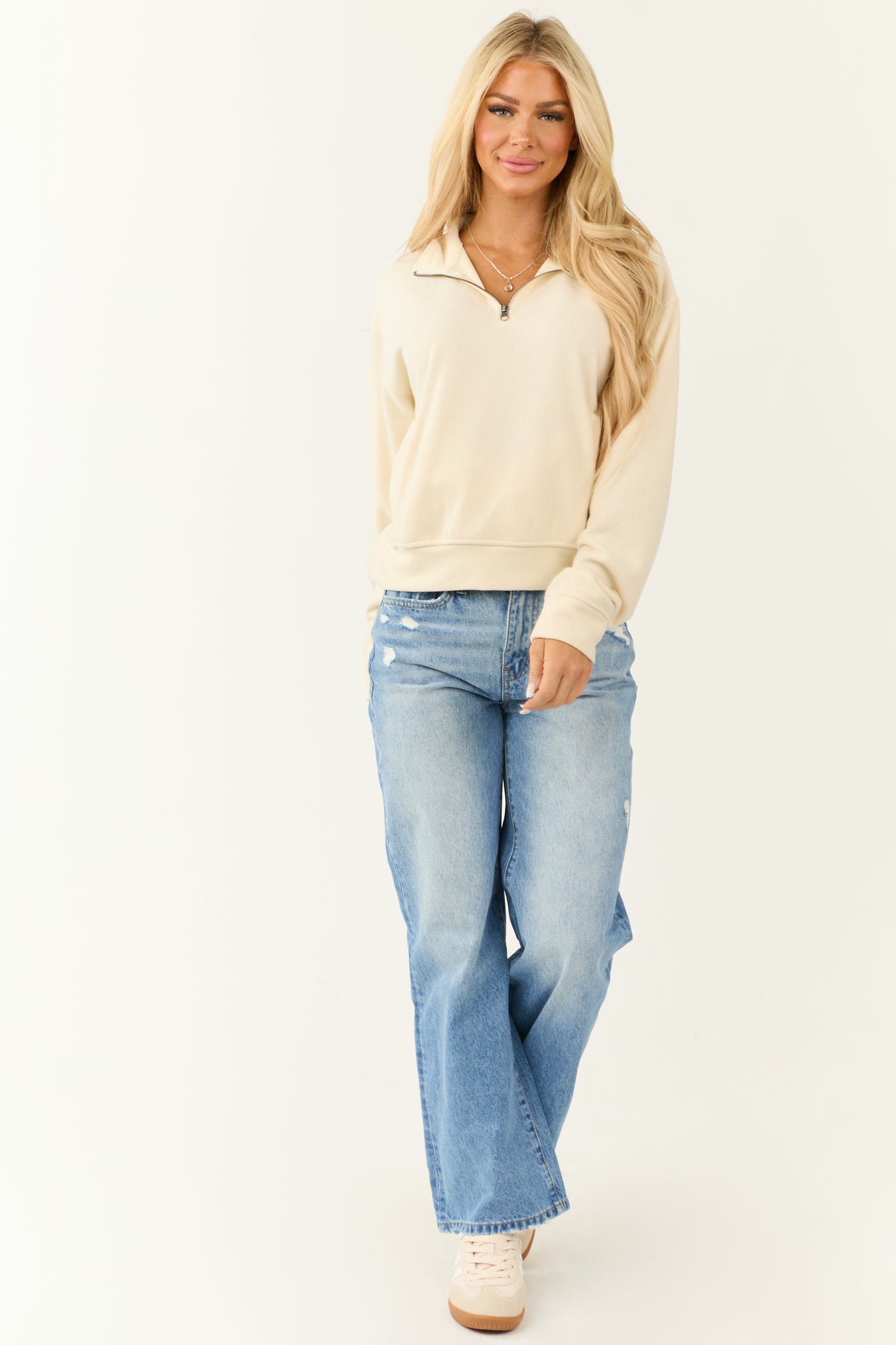 Cream Half Zip Up Knit Long Sleeve Sweatshirt