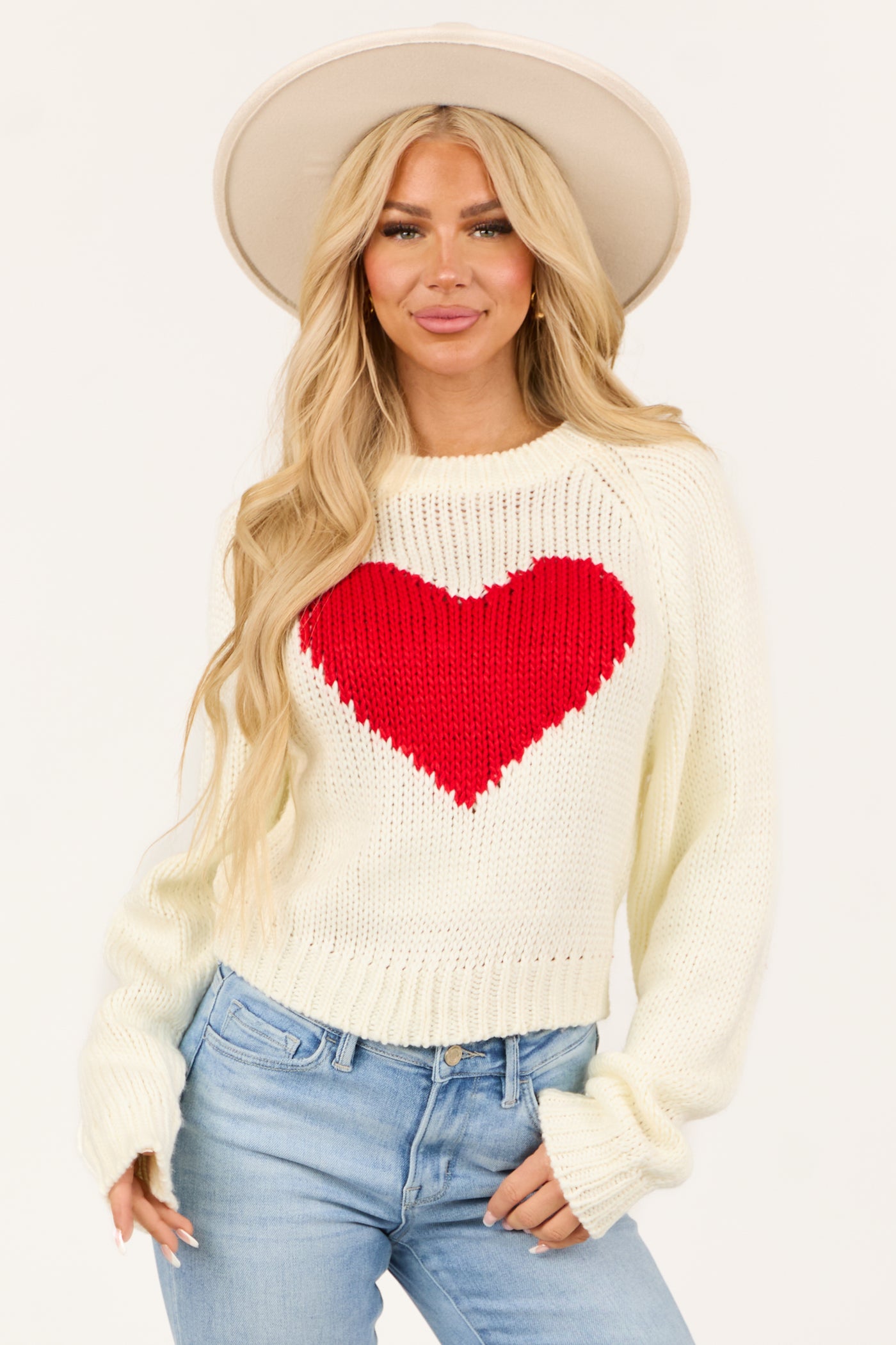 Cream Heart Detail Long Sleeve Cropped Sweater