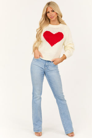 Cream Heart Detail Long Sleeve Cropped Sweater