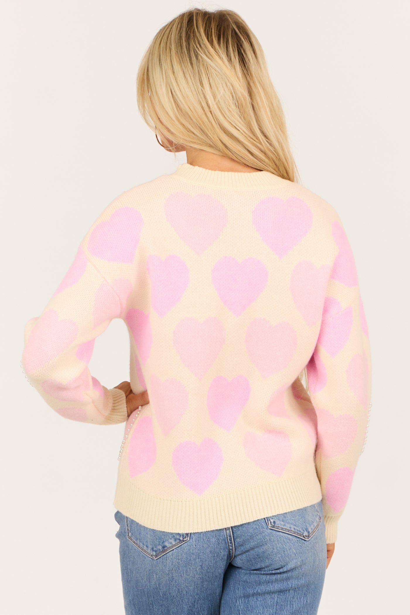 Cream Heart Pattern Pearl Detail Sweater