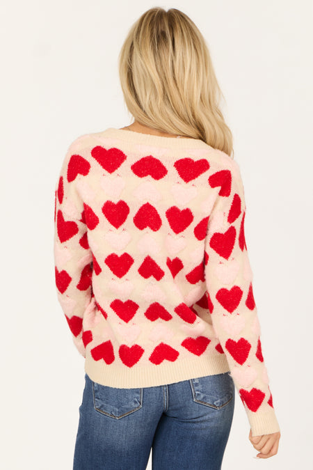 Cream Heart Print Fuzzy Knit Sweater