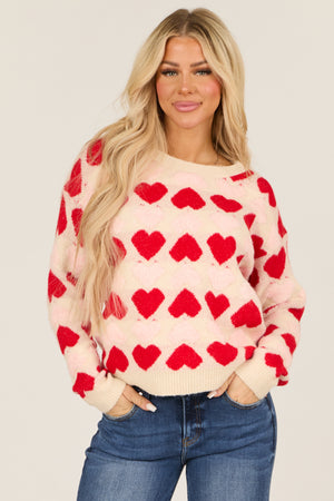 Cream Heart Print Fuzzy Knit Sweater