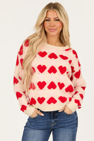 Cream Heart Print Fuzzy Knit Sweater