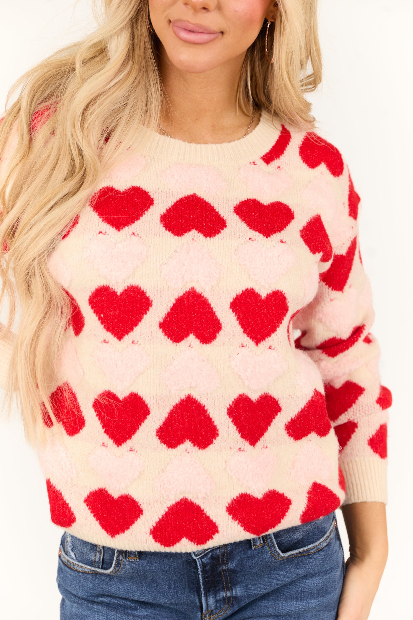 Cream Heart Print Fuzzy Knit Sweater