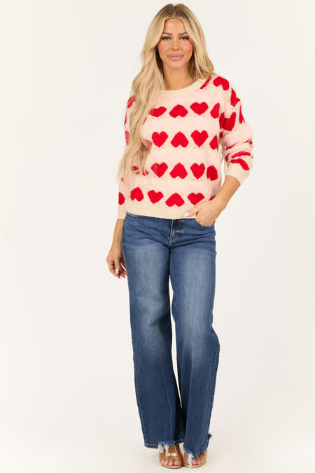 Cream Heart Print Fuzzy Knit Sweater