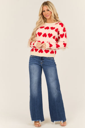 Cream Heart Print Fuzzy Knit Sweater