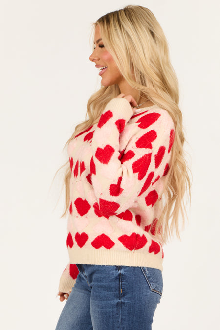 Cream Heart Print Fuzzy Knit Sweater