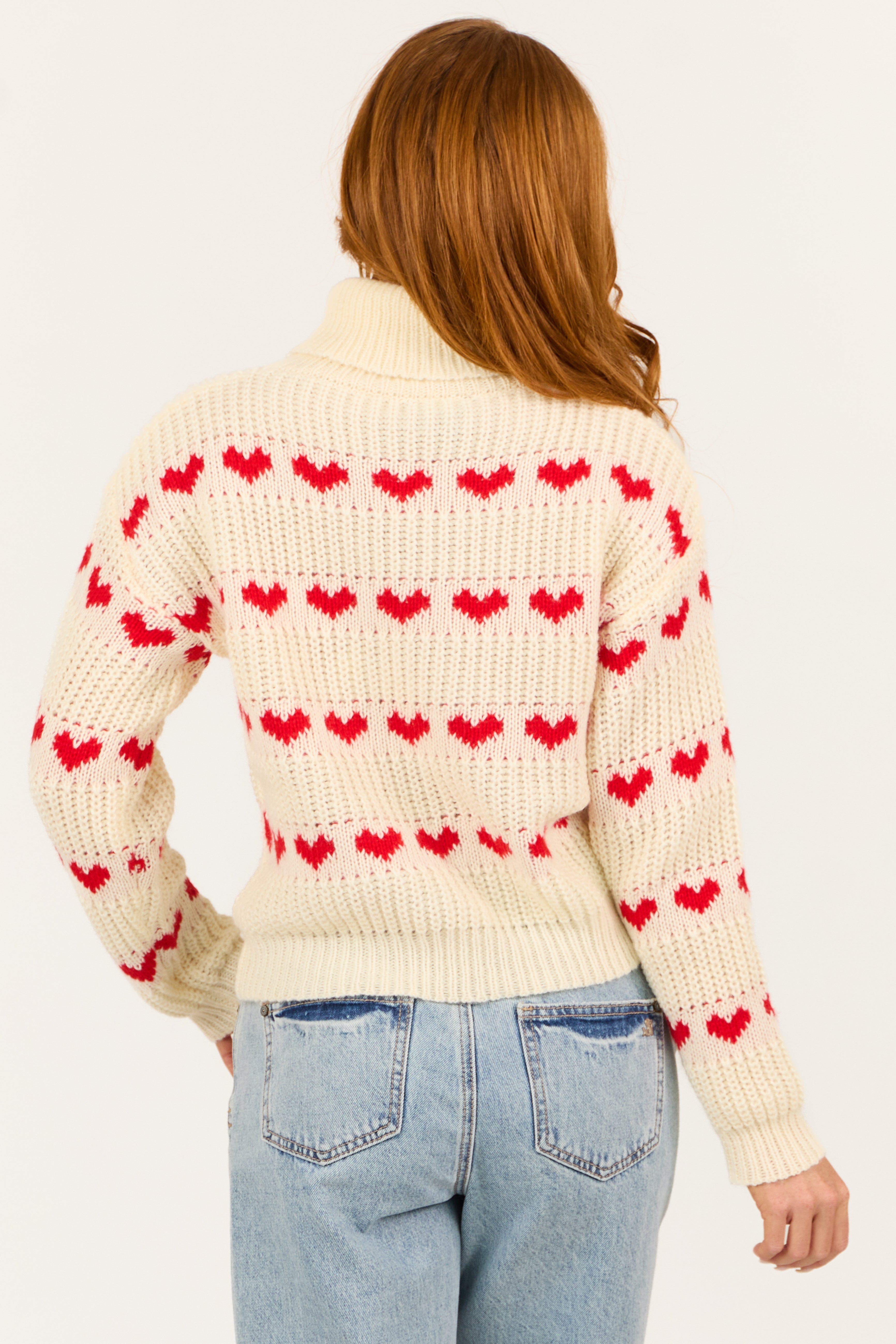 Cream Heart Print Turtleneck Long Sleeve Sweater