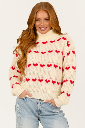 Cream Heart Print Turtleneck Long Sleeve Sweater