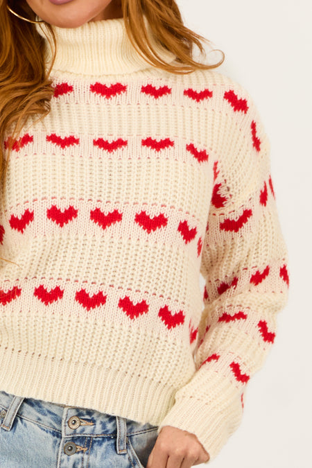 Cream Heart Print Turtleneck Long Sleeve Sweater