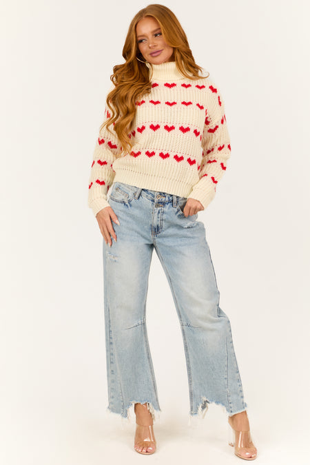 Cream Heart Print Turtleneck Long Sleeve Sweater