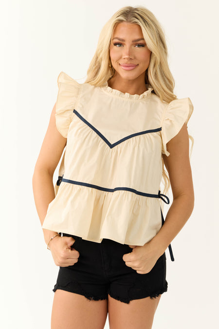 Cream High Neck Ruffle Cap Sleeve Flowy Blouse