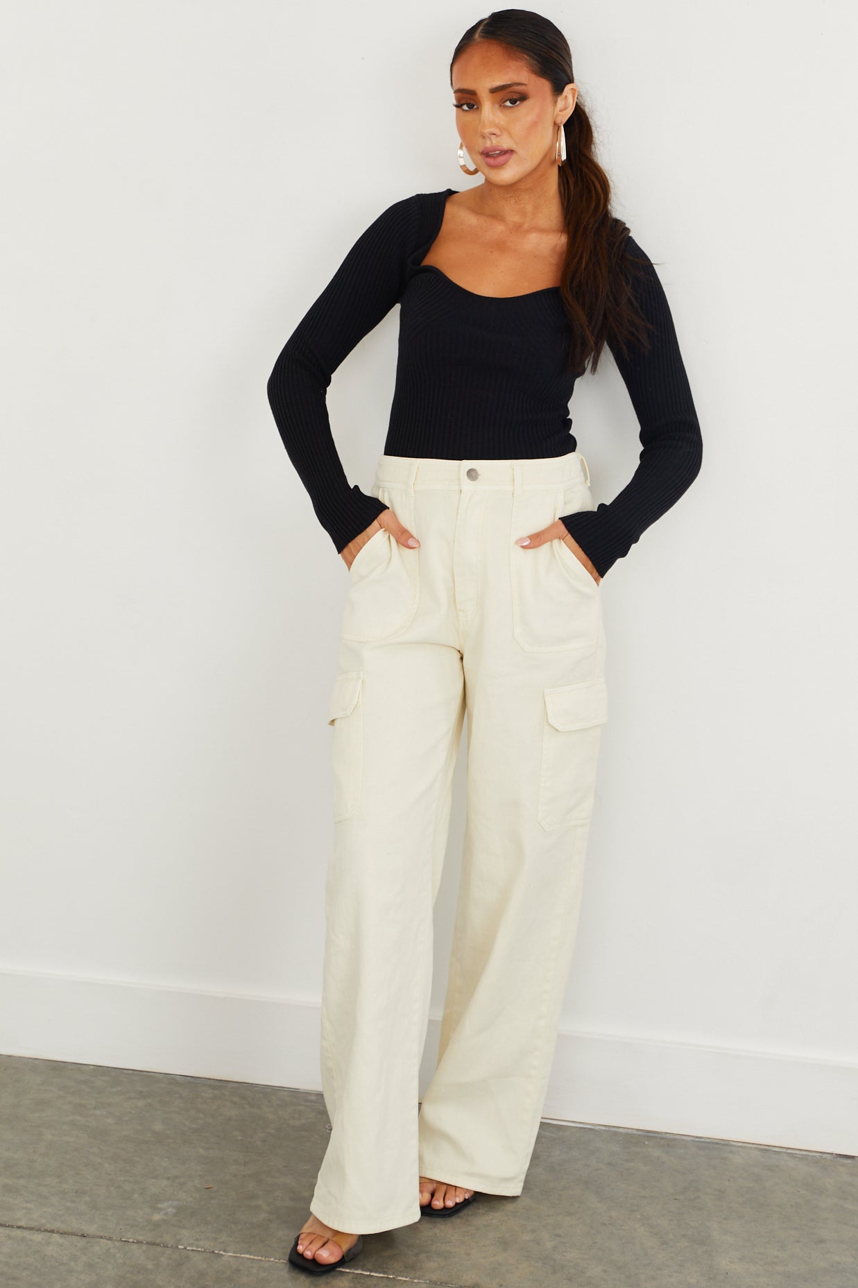 Cream High Waisted Cargo Jeans