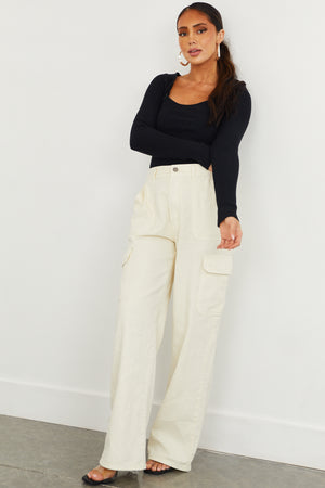 Cream High Waisted Cargo Jeans