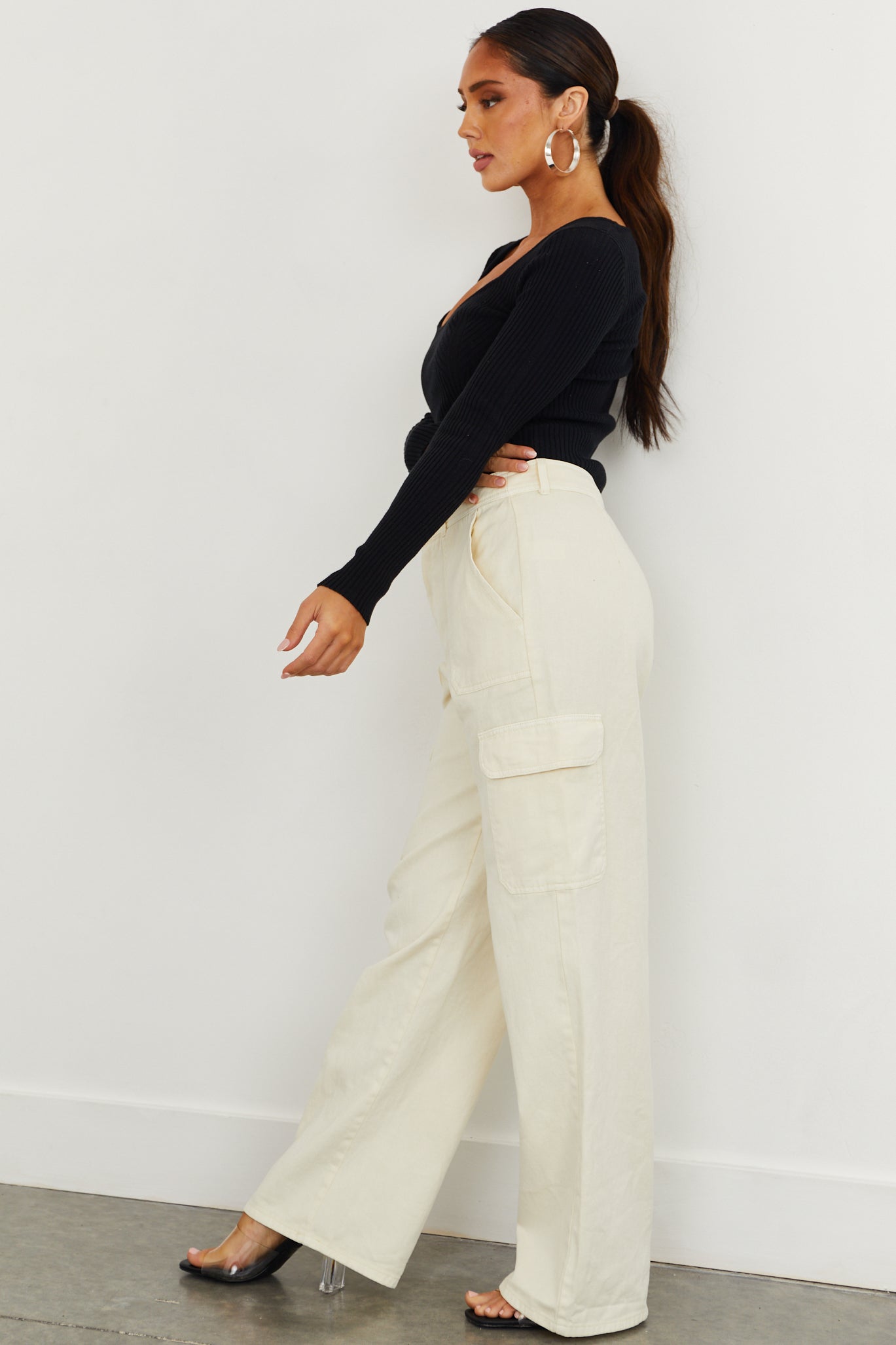 Cream High Waisted Cargo Jeans