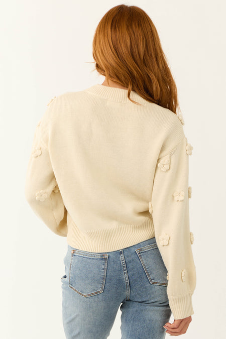 Cream Knit Floral Applique Sweater