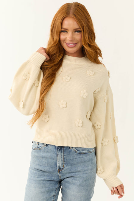 Cream Knit Floral Applique Sweater