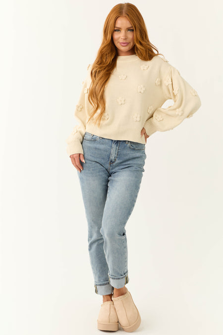 Cream Knit Floral Applique Sweater