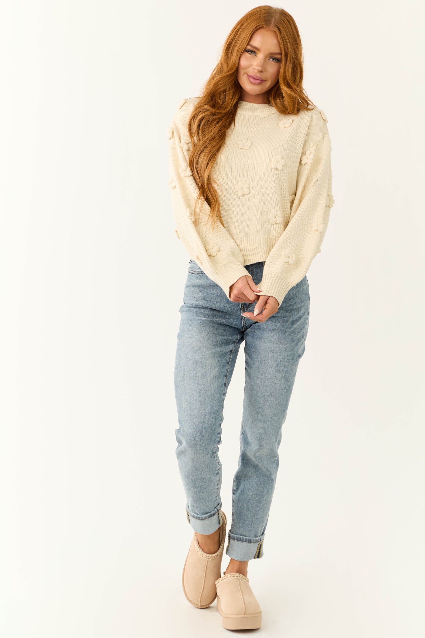 Cream Knit Floral Applique Sweater