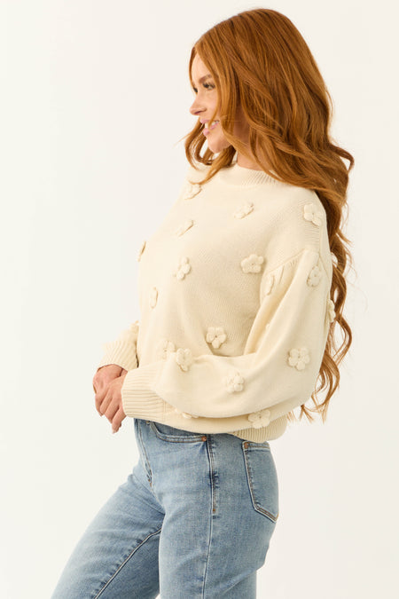 Cream Knit Floral Applique Sweater