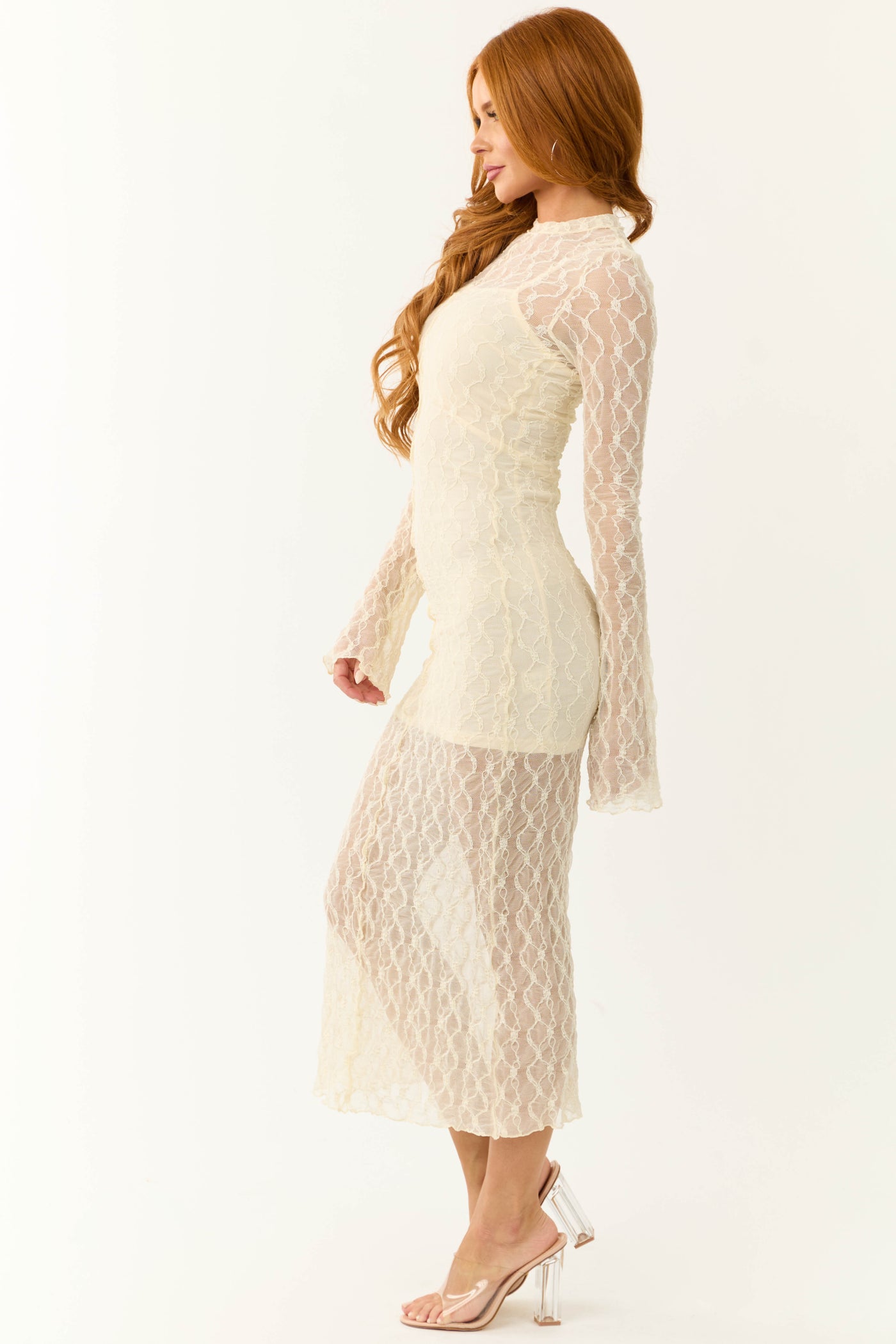 Cream Lace Long Sleeve High Neck Midi Dress