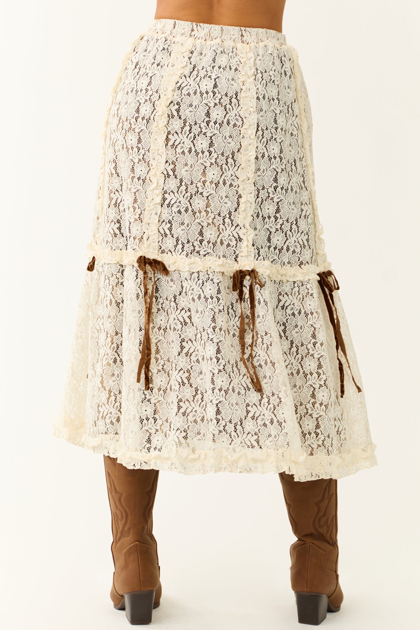 Cream Lace Maxi Skirt with Velvet Bow Detail