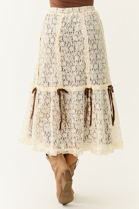 Cream Lace & Cocoa Velvet Tiered Midi Skirt with Bow Detail