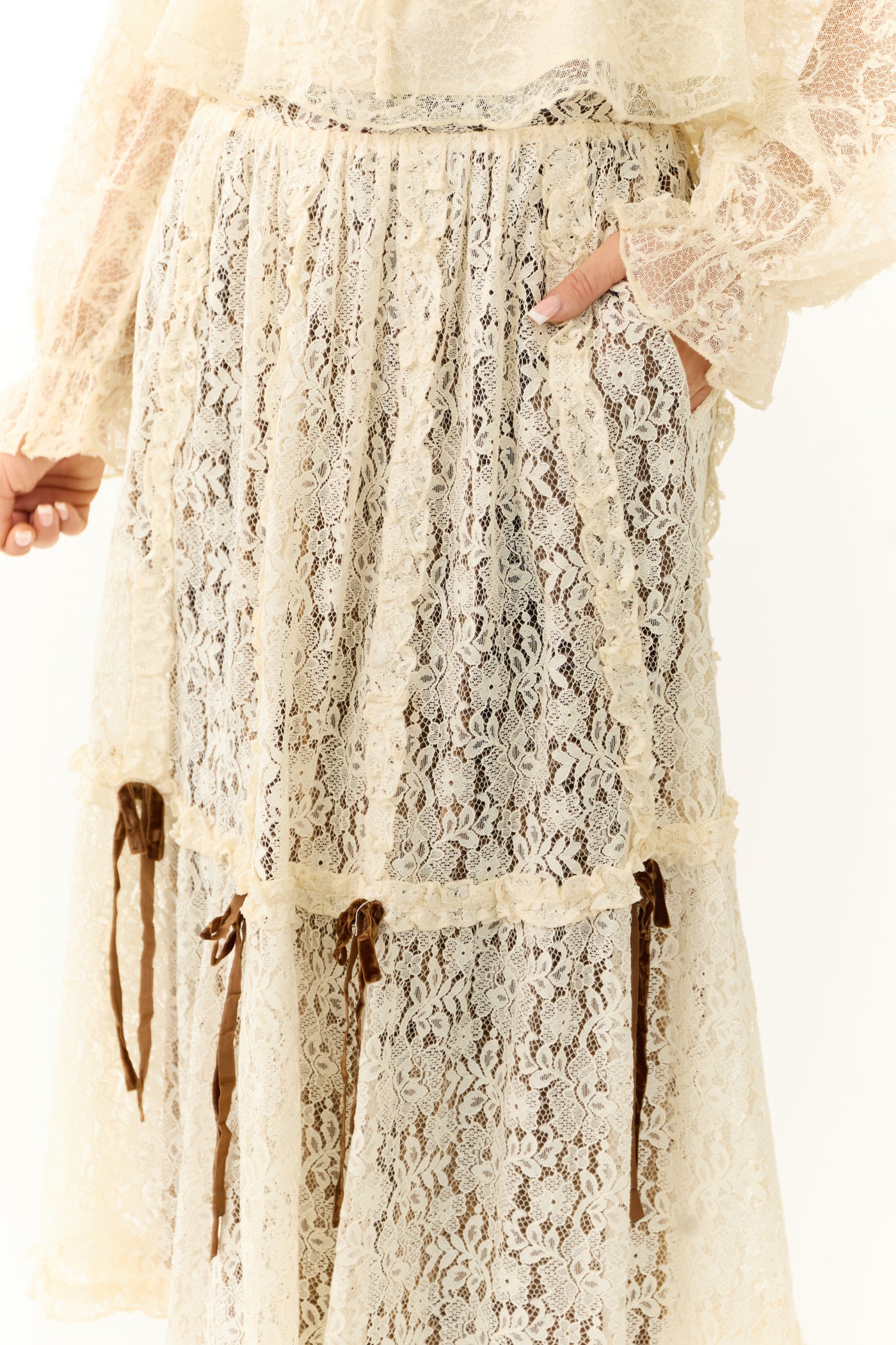 Cream Lace Maxi Skirt with Velvet Bow Detail