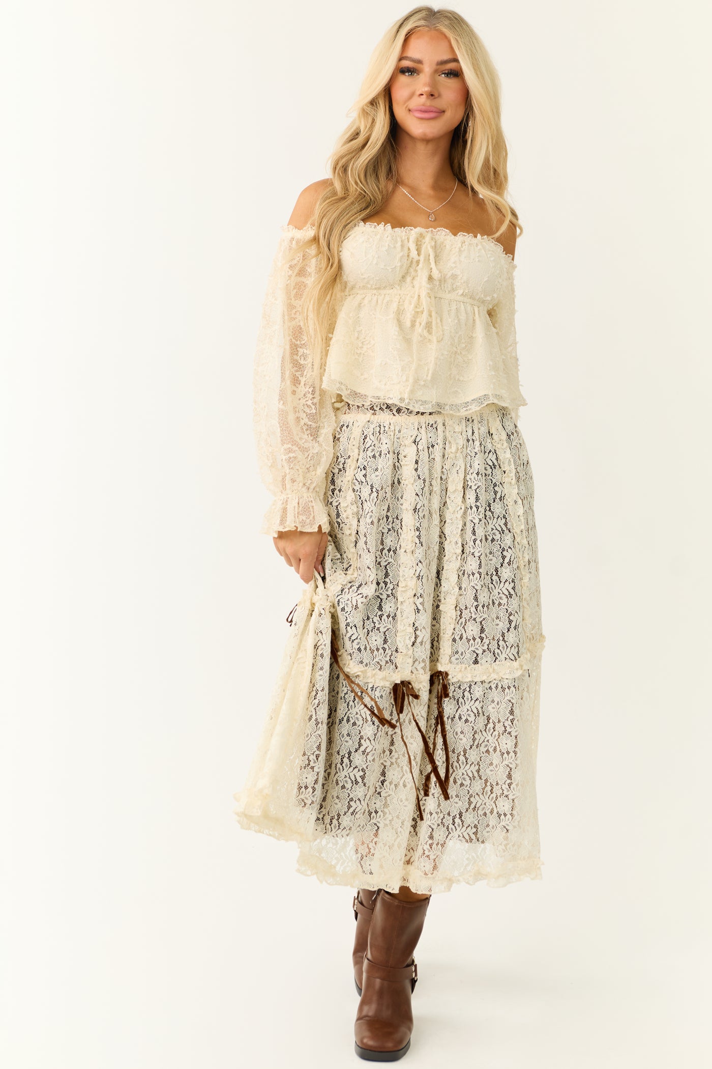 Cream Lace Maxi Skirt with Velvet Bow Detail