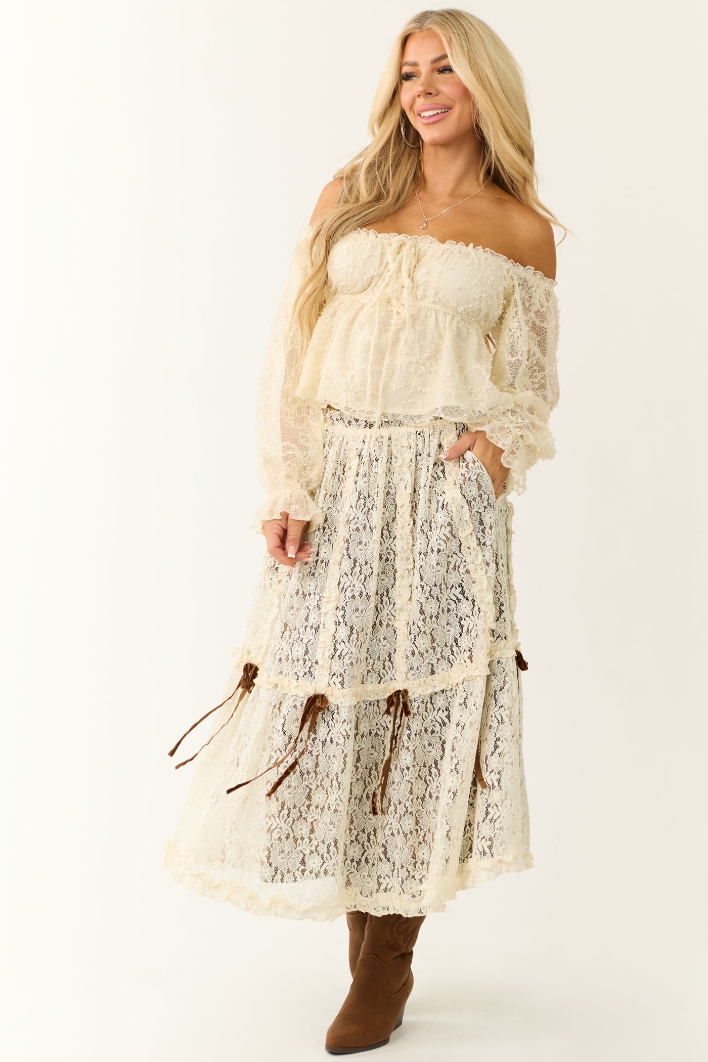 Cream Lace Maxi Skirt with Velvet Bow Detail