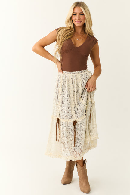 Cream Lace & Cocoa Velvet Tiered Midi Skirt with Bow Detail